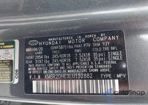 2020 Hyundai Palisade Sel z USA, uszkodzony, nr VIN KM8R2DHE3LU132882